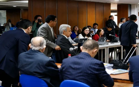 El expresidente Lenín Moreno durante la audiencia judicial del caso Sinohydro, en el que es investigado junto a otros procesados por presunta corrupción.
