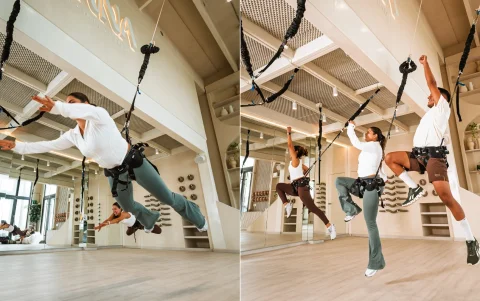 El aero bungee es un entrenamiento cardiovascular de bajo impacto que utiliza un arnés para realizar saltos y vuelos.