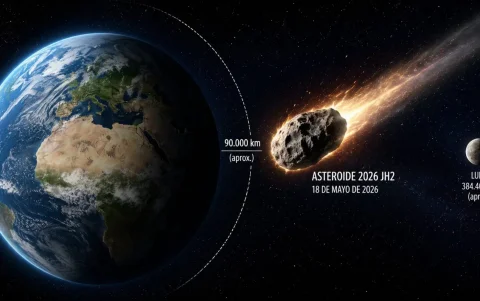 Ilustración explicativa de la distancia entre la Tierra, el asteroide 2026 JH2 y la luna