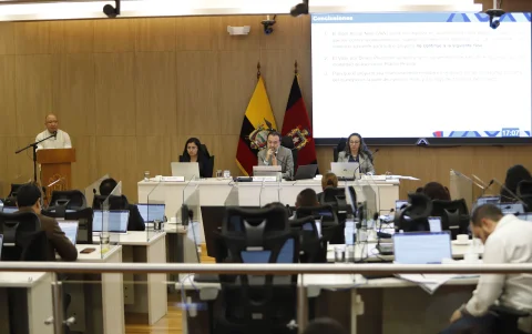 Álex Pérez, secretario de Movilidad, durante su comparecencia en el Concejo Metropolitano.