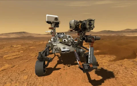 Rover Perseverance de la NASA operando en la superficie de Marte el 18 de febrero de 2021.