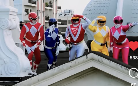 Los Power Rangers posando en el Palacio Municipal por la actividad del Día del Niño