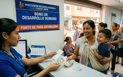 Entrega del Bono de Desarrollo Humano en un punto autorizado del MIES, junio de 2026.