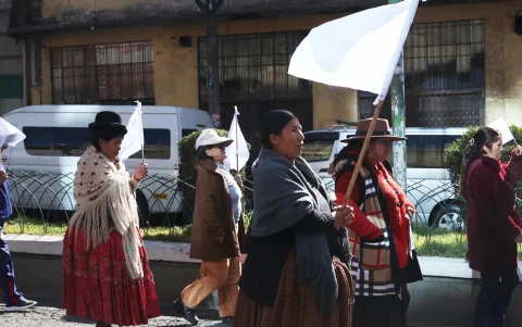 Mujeres aimaras participan en una marcha exigiendo el desbloqueo de vías y la pacificación del país este lunes, en La Paz (Bolivia).