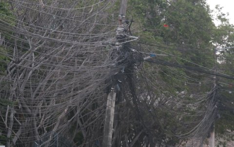 Así se encuentran los cables en los exteriores del parque principal de Bellavista.