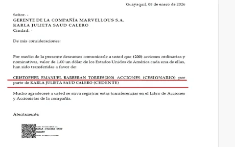 Acta de cesión de las acciones de la empresa Marvellous S.A. entre Karla Saud y Cristopher Barberán Torres.
