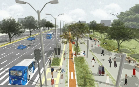 Así quedaría el lado del campus que da hacia la avenida Las Aguas, con espacios caminables amplios y ciclovía.