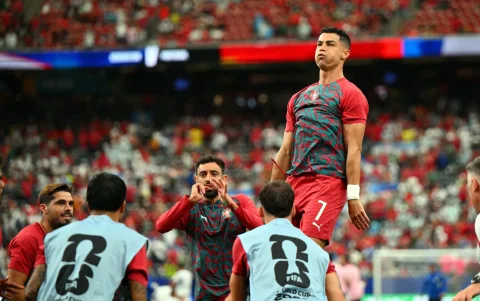 Cristiano Ronaldo observa el festejo desde lo alto tras una jugada de Portugal. El atacante volvió a demostrar su vigencia en el torneo más importante del fútbol.