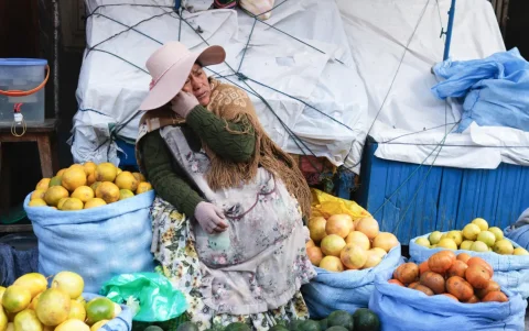 Una mujer aimara vende frutas en un mercado popular este martes, en La Paz (Bolivia).