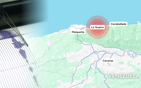 Mapa y registro sísmico que muestran el epicentro y la actividad de los terremotos en la costa de La Guaira, Venezuela.