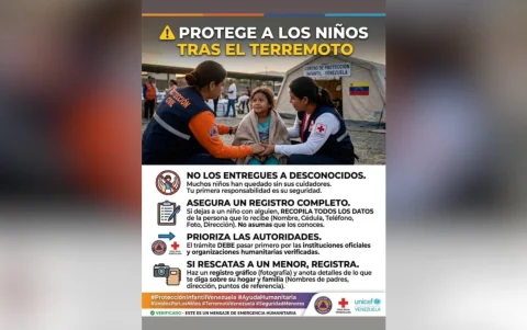 Cartel humanitario en Venezuela advierte sobre medidas estrictas de protección infantil tras los terremotos, con énfasis en el registro y control antes de entregar a menores de edad.