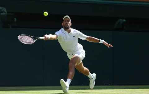 Novak Djokovic en su partido de octavos de Wimbledon ante el ruso Roman Safiullin.