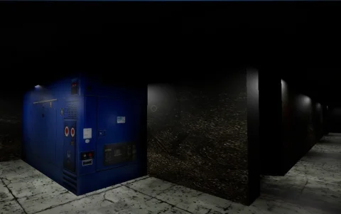 Vista nocturna de uno de los escenarios del videojuego, ambientado en un complejo abandonado.