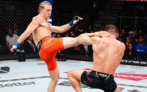 Paddy Pimblett durante su combate ante Michael Chandler en el UFC 314, donde consiguió una victoria por nocaut técnico en el tercer asalto.