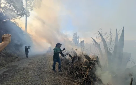 Moradores de Tanda apoyaron a los bomberos en las labores para contener el incendio forestal y evitar que las llamas alcanzaran viviendas cercanas.