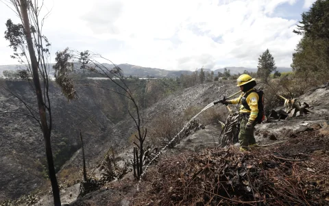 Bomberos desplegaron 26 uniformados y 12 unidades para controlar el incendio forestal que consumió vegetación y afectó el ecosistema de El Quinche.