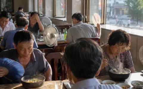 Referencial.Comensales en un restaurante de Pionyang se refugian del calor con ventiladores mientras consumen sopas tradicionales.