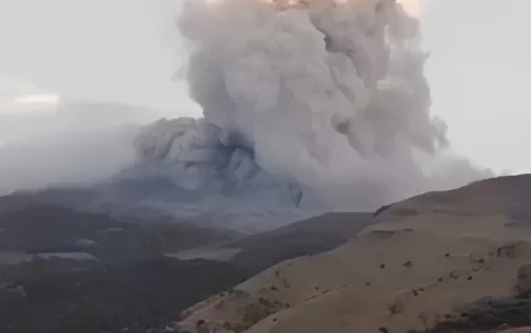 El volcán presenta expulsión de cenizas y emisión de gases.