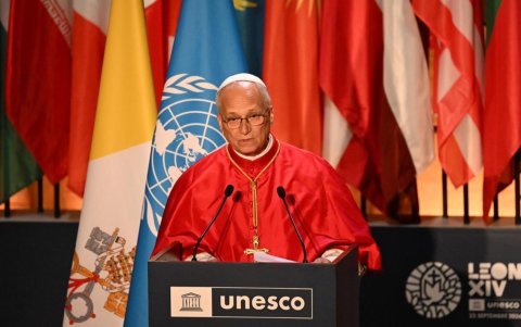 El papa León XIV durante su discurso ante la UNESCO en París, Francia, este viernes.