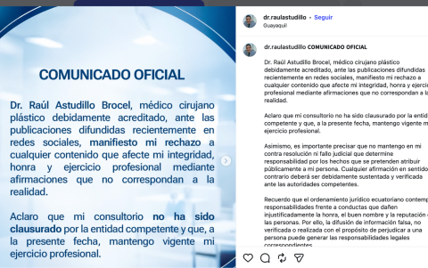 Comunicado publicado en Instagram en el que el médico rechaza las acusaciones y asegura que mantiene vigente su ejercicio profesional.