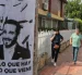 Personas caminan junto a un cartel alusivo al ultraderechista Abelardo de la Espriella.