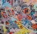 Animales, flores y otras formas orgánicas se cruzan con referencias provenientes del cómic y con composiciones abstractas en la obra de la artista.