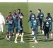 Los jugadores del Real Madrid: Mendy, Rodrygo, Vinicius jr, Rüdiger y Militao, durante el entrenamiento del equipo.