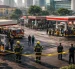 Bomberos y policías inspeccionan estaciones de combustible en una zona urbana rodeada de hospitales, colegios y edificios residenciales, en medio de preocupaciones por seguridad.