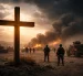 La cruz iluminada contrasta con un escenario de guerra, simbolizando el debate sobre el uso de la religión para justificar conflictos armados.
