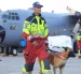 Aquí tienes un pie de foto breve, objetivo y neutral que complementa el contexto:

Un bombero camina con un perro de rescate en la pista de Latacunga antes de viajar a Venezuela este jueves.