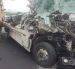 La cabina de la plataforma quedó totalmente destrozada tras el accidente entre una volqueta y una plataforma en Tambillo.