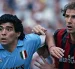 Diego Maradona (izq.), del Napoli, disputa el balón con Franco Baresi, del AC Milan, durante un partido de la Serie A italiana entre el Napoli y el AC Milan, en Nápoles, Italia.