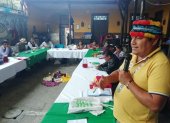 El presidente de la Conaie, Jaime Vargas, durante su intervención en la reunión de los movimientos indígenas en Guatemala.