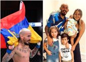 A la izquierda el peleador durante la cartelera UFC 252 y a la derecha luego del combate celebrando con su esposa y tres hijos.