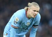 Manchester (United Kingdom), 12/02/2023.- Manchester City"s Erling Haaland reacts during the English Premier League soccer match between Manchester City and Aston Villa in Manchester, Britain, 12 February 2023. (Reino Unido) EFE/EPA/Adam Vaughan EDITORIAL USE ONLY. No use with unauthorized audio, video, data, fixture lists, club/league logos or "live" services. Online in-match use limited to 120 images, no video emulation. No use in betting, games or single club/league/player publications