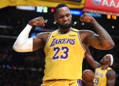 LOS ANGELES, CALIFORNIA JANUARY 7, 2020-Lakers LeBron James celebrates his basket and a foul by the Knicks at the Staples Center Tuesday. (Wally Skalij/Los Angerles Times)