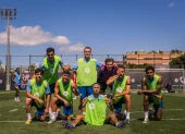 Jugadores del FC Barcelona celebran durante un entrenamiento.