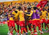 Toda la alegría de Aucas con el gol de Ederson Quiñónez.