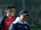 Gonzalo Valle y Marcelo Gallardo de risas en el último entrenamiento.