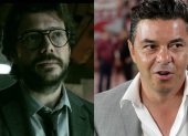 Marcelo Gallardo (d), técnico de River Plate, y Álvaro Morte, que personifica al Profesor en La Casa de Papel.