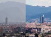 Combo de dos fotografías que refleja el nivel de contaminación ambiental en la ciudad de Murcia, la imagen de la izquierda fue tomada el pasado 29 de febrero y la de la derecha este jueves, cuadragésimo día de estado de alarma decretado por el gobierno para frenar la pandemia del CovID 19. EFE/Marcial Guillén