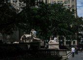 NUEVA YORK.Las estatuas de leones de mármol en la entrada de la Biblioteca Pública de la Gran Manzana, están adornadas con máscaras.