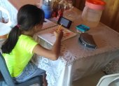 En un sector rural del cantón Palenque, Carmen, de 17 años, se conecta a clases a través del teléfono de sus padres.