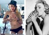 Madonna a los 61 años contrapuesta a una foto de 1990.