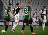 El atacante portugués celebra su segundo gol con la Juventus ante el Atalanta.