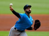 Pablo Lopez, pitcher de los Miami Marlins durante el cuestionado partido de exhibición del fin de semana donde 11 integrantes del equipo se habrían contagiado.