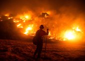 A firefighter works at the scene of the Bobcat Fire burning on hillsides near Monrovia Canyon Park in Monrovia, California on September 15, 2020. - A major fire that has been raging outside Los Angeles for more than a week threatened to engulf a historic observatory and billion-dollar broadcast towers on September 15 as firefighters struggled to contain the flames. The so-called Bobcat Fire was within 500 feet (150 meters) from the 116-year-old Mt. Wilson Observatory, the US Forest Service said in a tweet, while fire officials said crews were in place "ready to receive the fire." (Photo by RINGO CHIU / AFP)