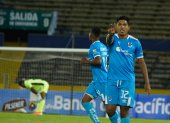 Bruno Vides festeja uno de los dos goles marcados ante Emelec, en el primer tiempo jugado en el estadio Olímpico Atahualpa