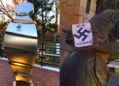 Estos "stickers" con la esvástica fueron puestos en un monumento a Ana Frank.