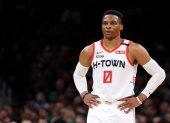 BOSTON, MASSACHUSETTS - FEBRUARY 29: Russell Westbrook #0 of the Houston Rockets looks on during the first half of the game against the Boston Celtics at TD Garden on February 29, 2020 in Boston, Massachusetts.   Maddie Meyer/Getty Images/AFP

== FOR NEWSPAPERS, INTERNET, TELCOS & TELEVISION USE ONLY ==

 BKN-BKO-SPO-HOUSTON-ROCKETS-V-BOSTON-CELTICS